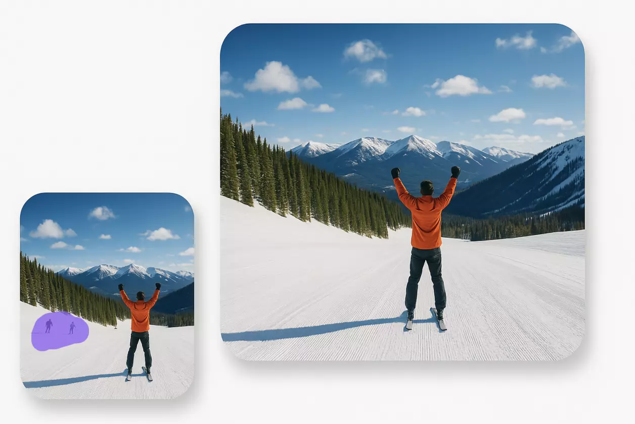 Snow mountain ski scene person removal example